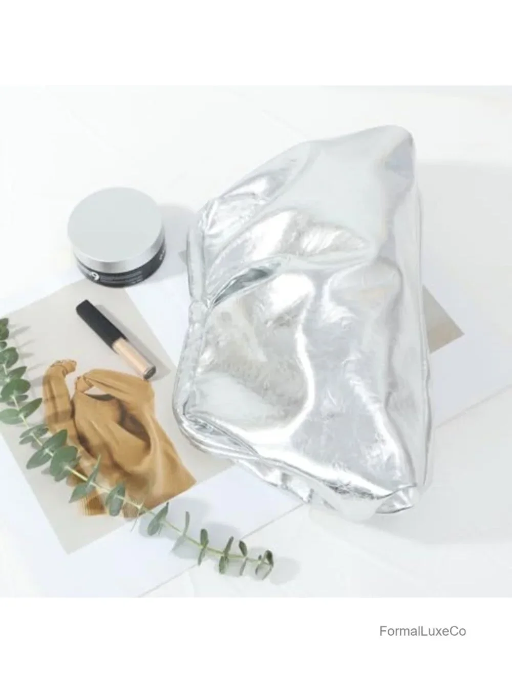 Faux Leather Ruched Dumpling Clutch for Women Silver Evening Handbag